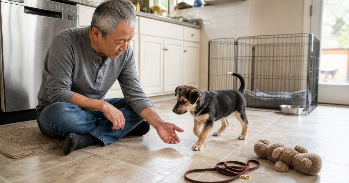 Older man guiding a young puppy through a short training exercise at home