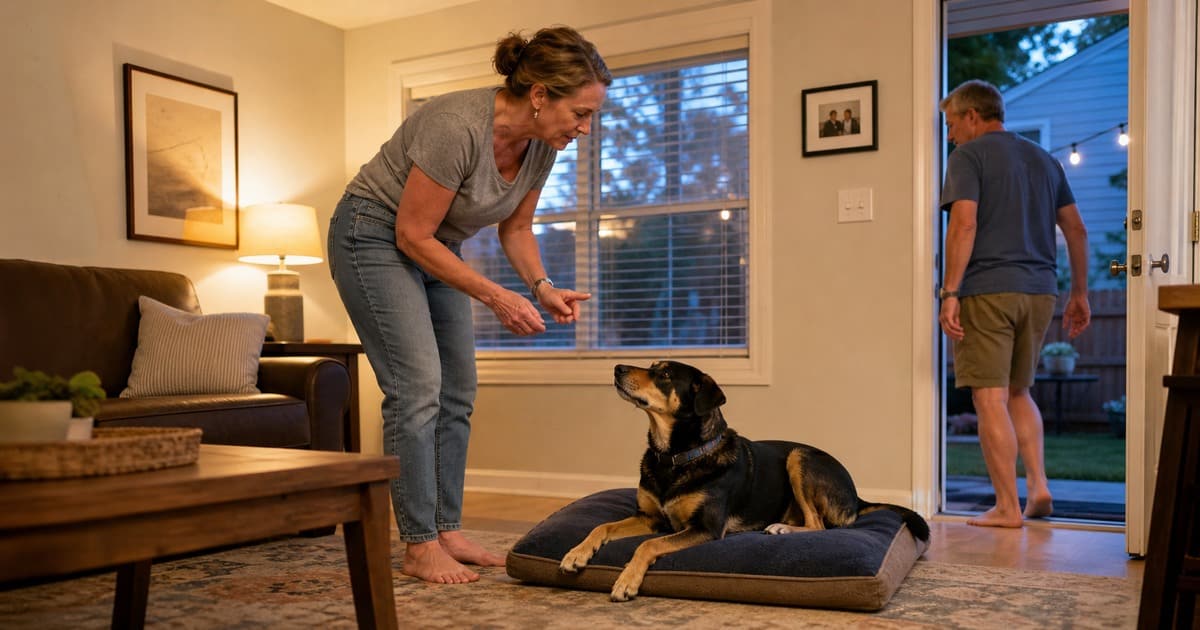 Owner practicing place work with her dog at home after board and train