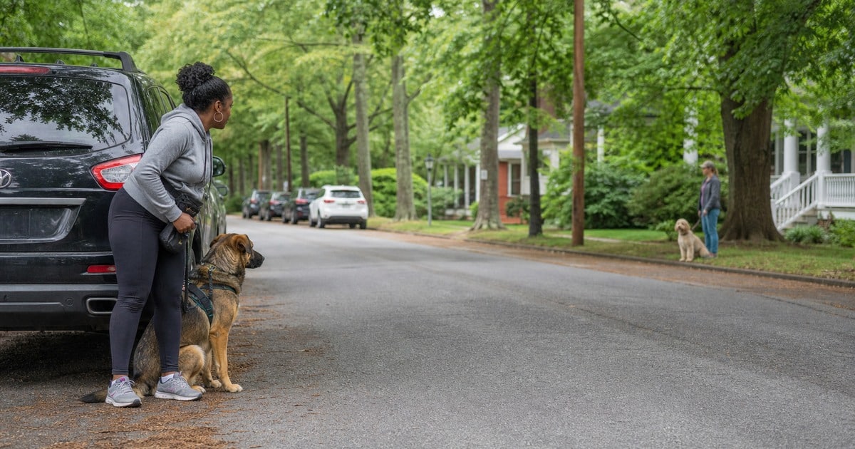 Owner creating distance from another dog during a leash-reactivity walk