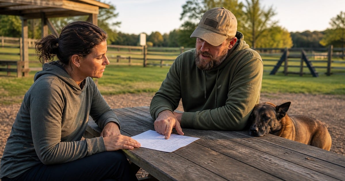 A dog owner and trainer review training priorities at an outdoor farm table