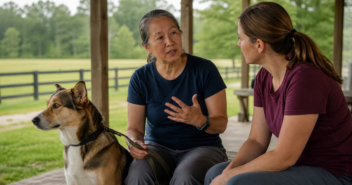 Dog owner explaining a behavior concern to a trainer while the trainer observes the dog