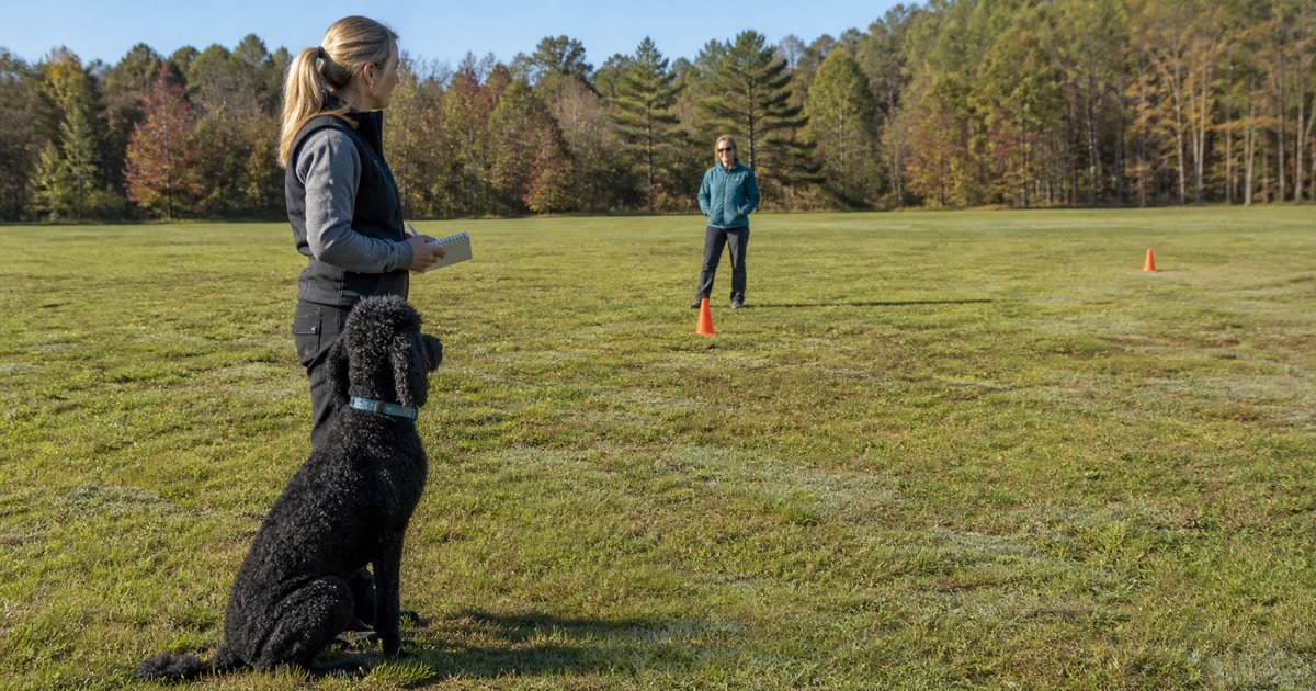 Trainer observes a dog and handler working at measured distances in an open field