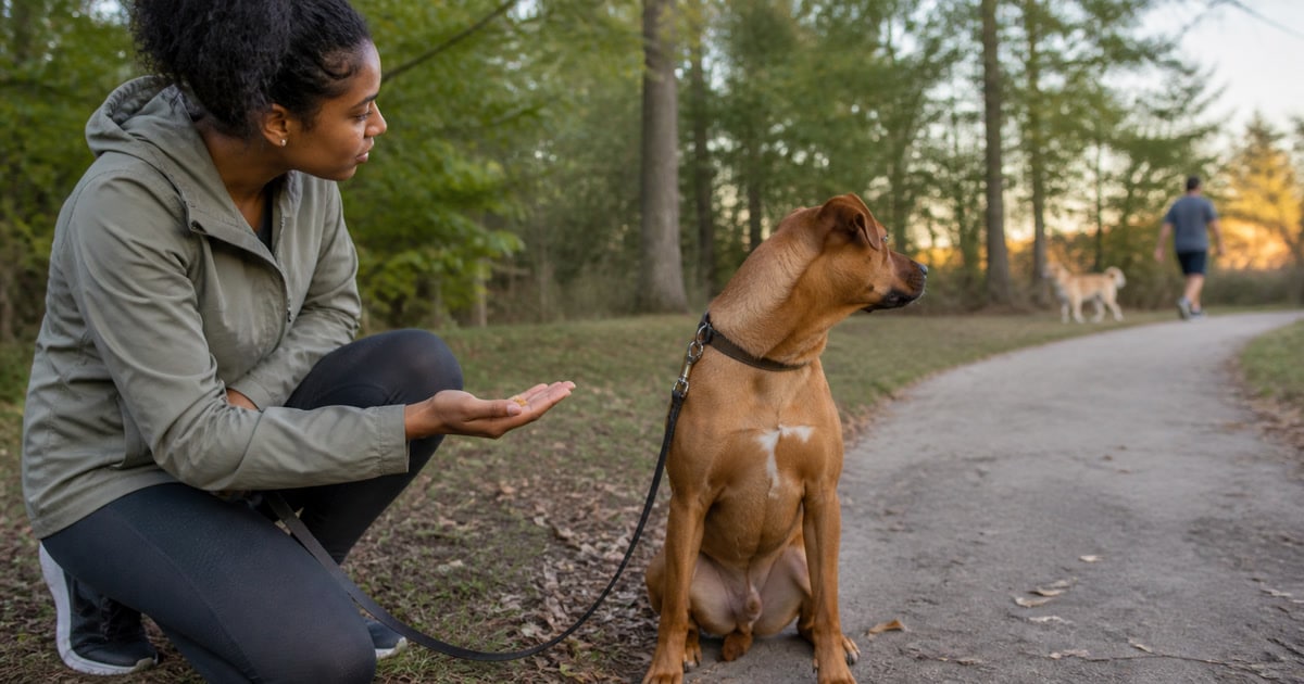 Dog turns toward a distant dog while its owner offers a treat on a loose leash