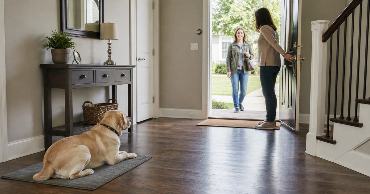 A dog stays on a place mat while its owner calmly greets a visitor at the front door