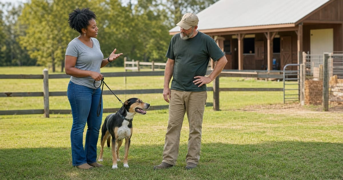 North Carolina dog owner discussing training needs with a trainer while her dog stands beside them