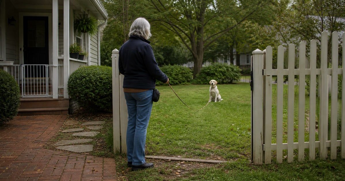 Owner practicing a calm wait with a leashed dog inside an open yard gate