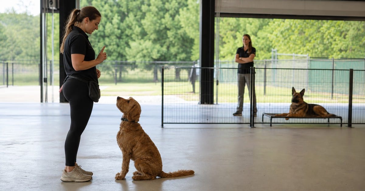 One dog practices a sit while another dog is observed behind a training barrier