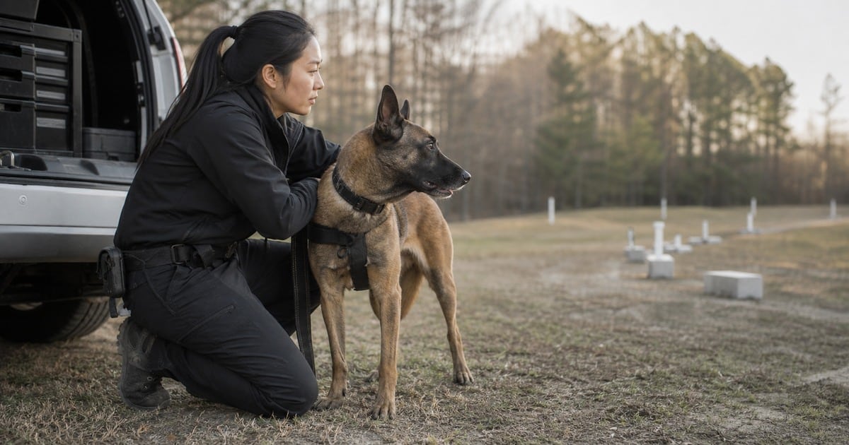 Police K9 handler observing her dog after a training repetition