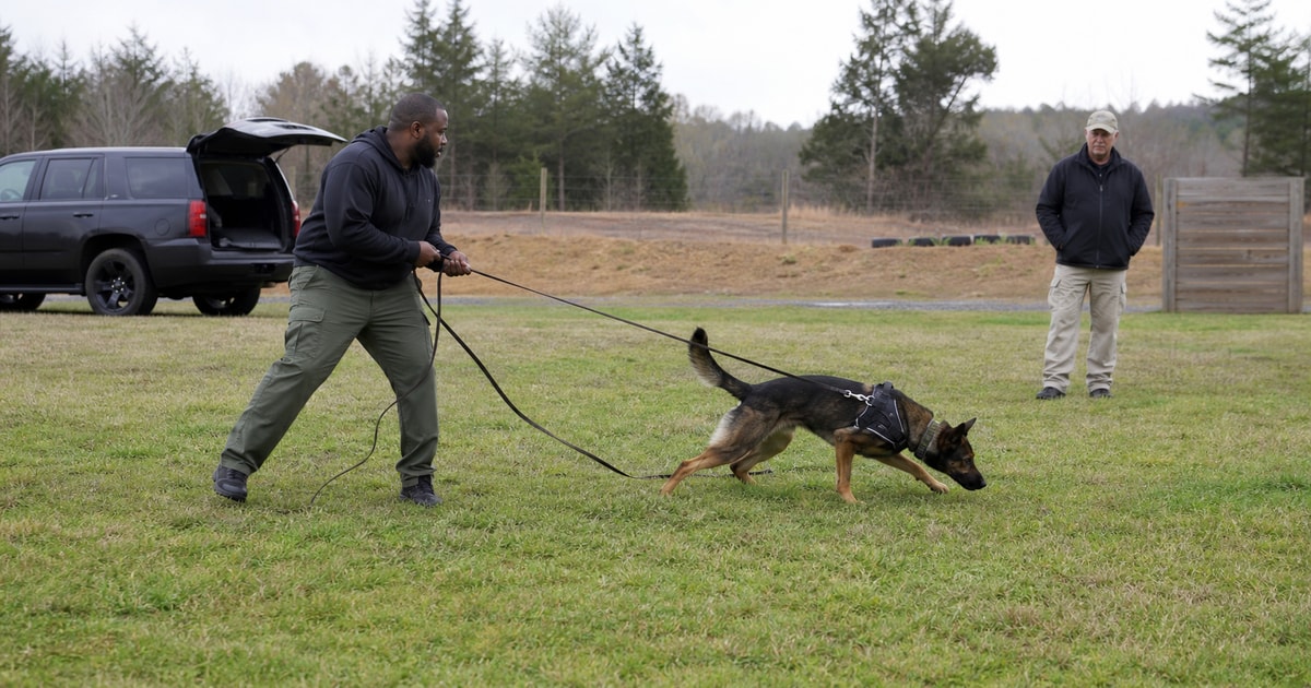Police K9 handler working a shepherd on a long line while an instructor observes the team