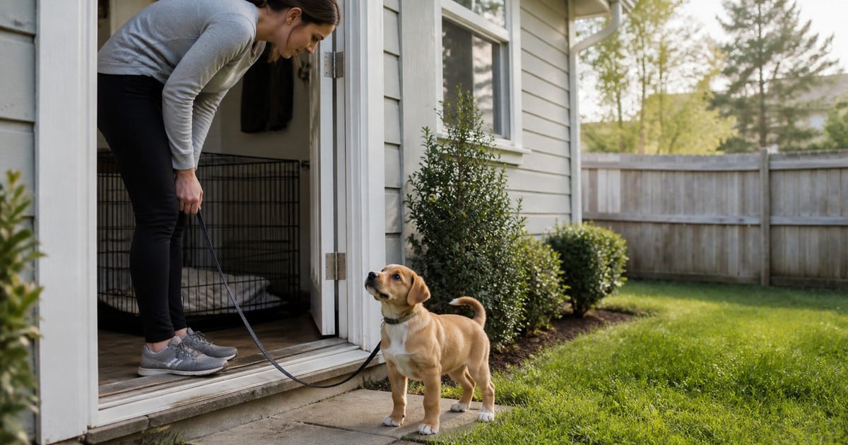 A puppy returns outside with its owner beside an open crate at home