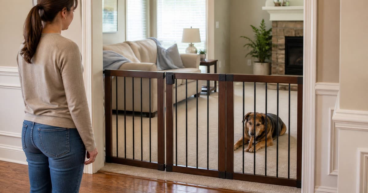 An owner gives a dog space behind a sturdy gate while the dog rests with a valued item