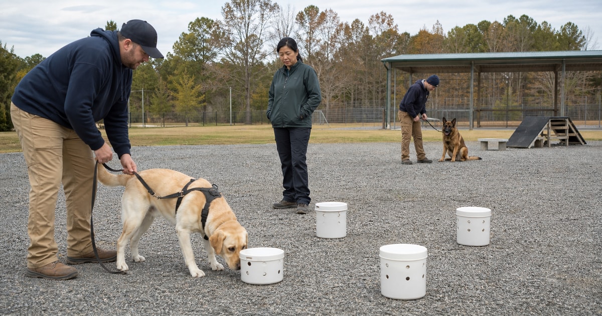 Detection dog searching containers while an agency supervisor observes and another K9 team prepares nearby