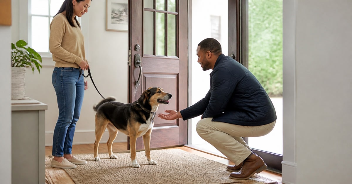Dog standing with four paws on the floor while an owner guides a calm greeting at the front door