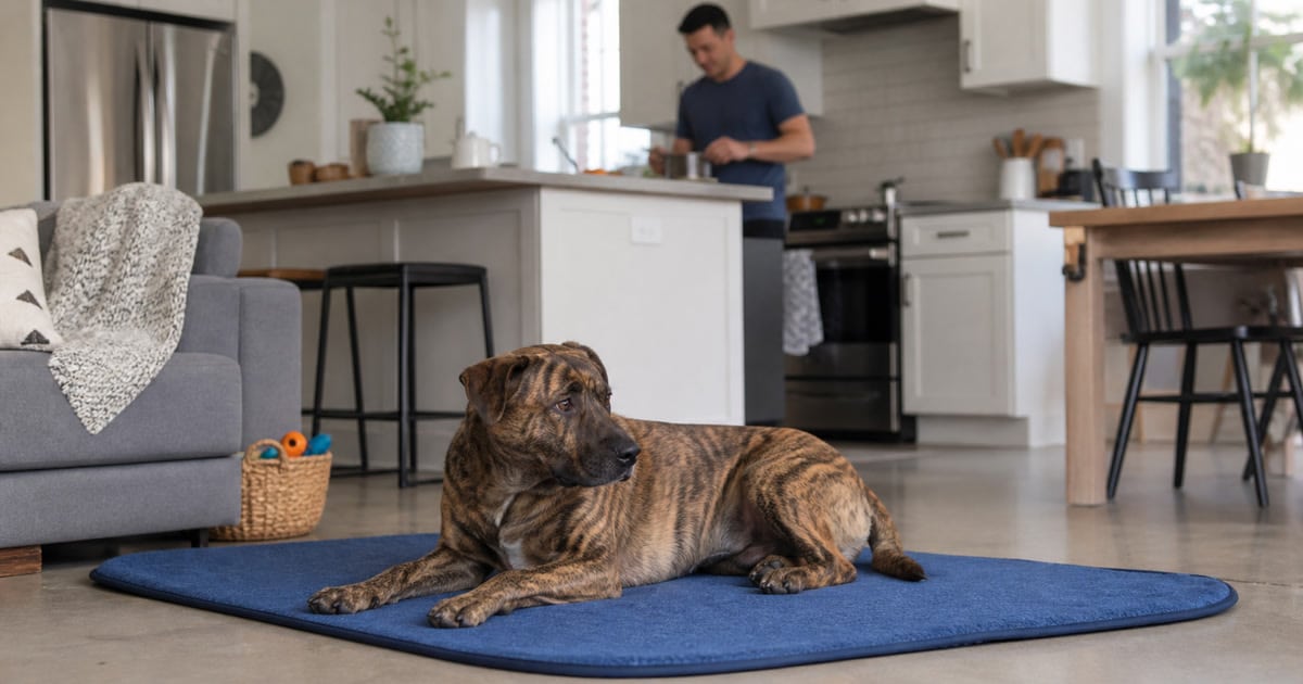 Brindle dog lying calmly on a blue mat while normal household activity continues