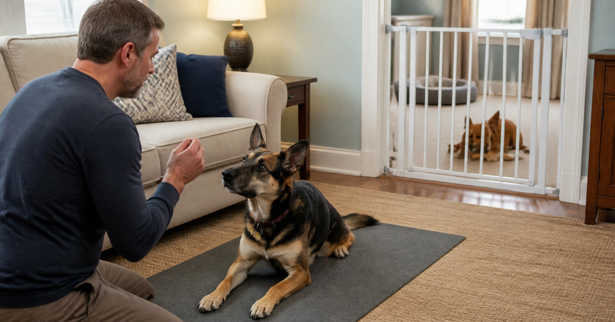 Owner training one dog on a mat while a second dog rests behind a baby gate