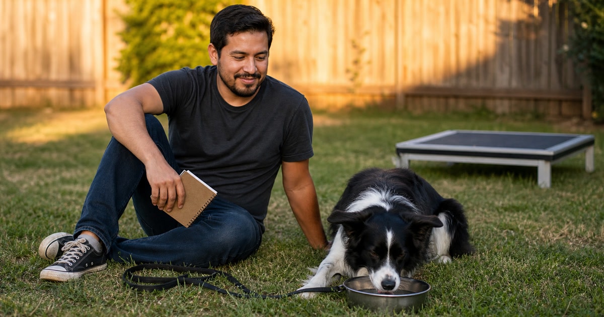 Owner and relaxed dog taking a calm break with water after a short backyard training session