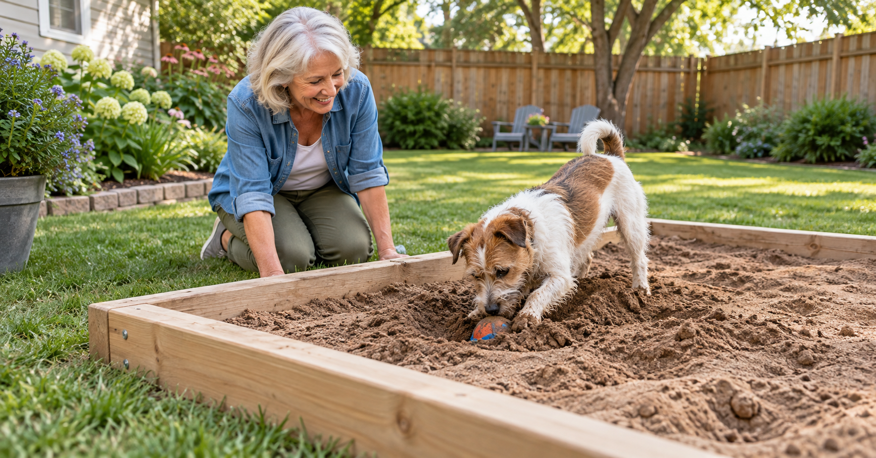 Woman watching a terrier uncover a toy in a bordered backyard digging area