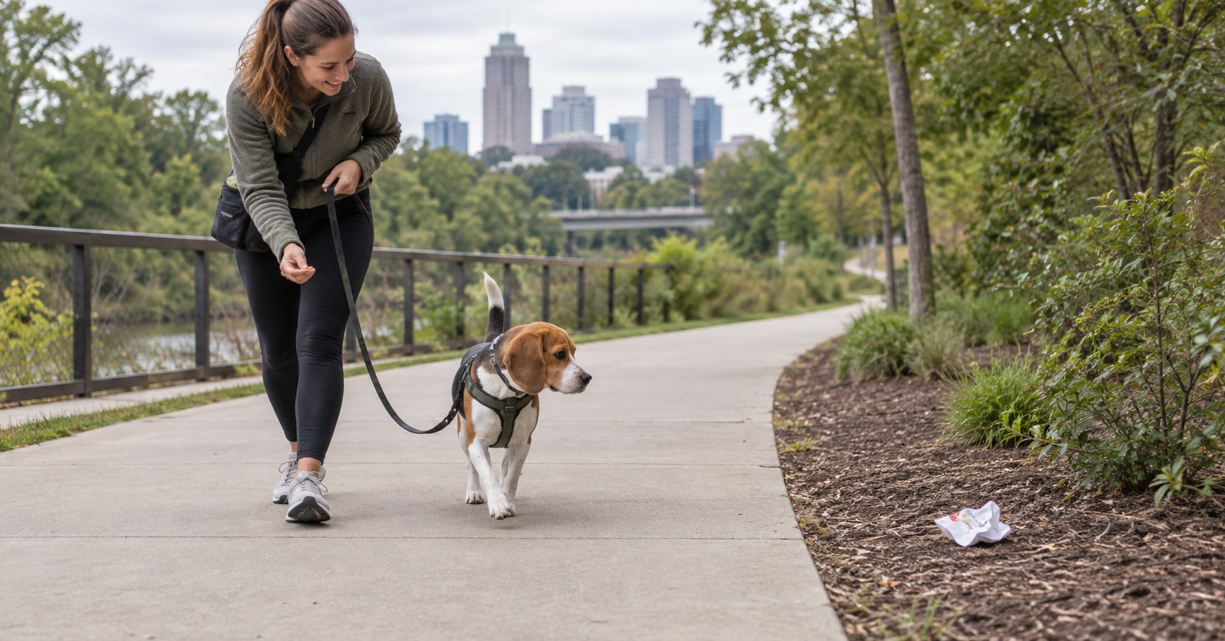 Woman rewarding a beagle for turning away from a paper wrapper while walking on a slack leash