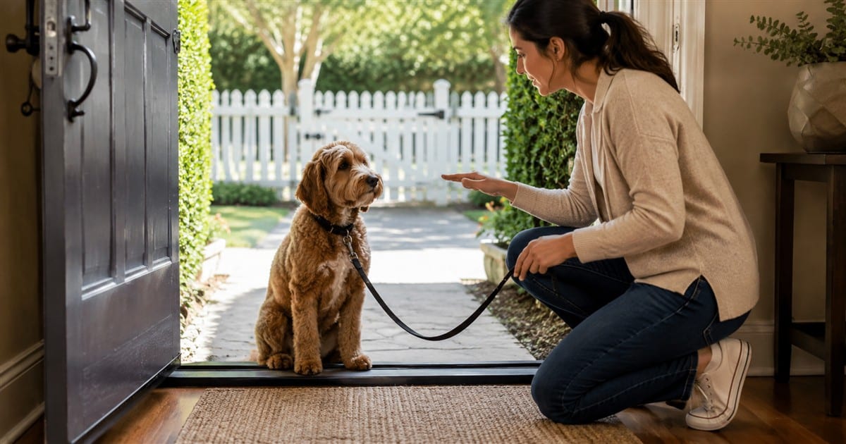 Leashed dog waiting calmly at an open doorway for its owner's release