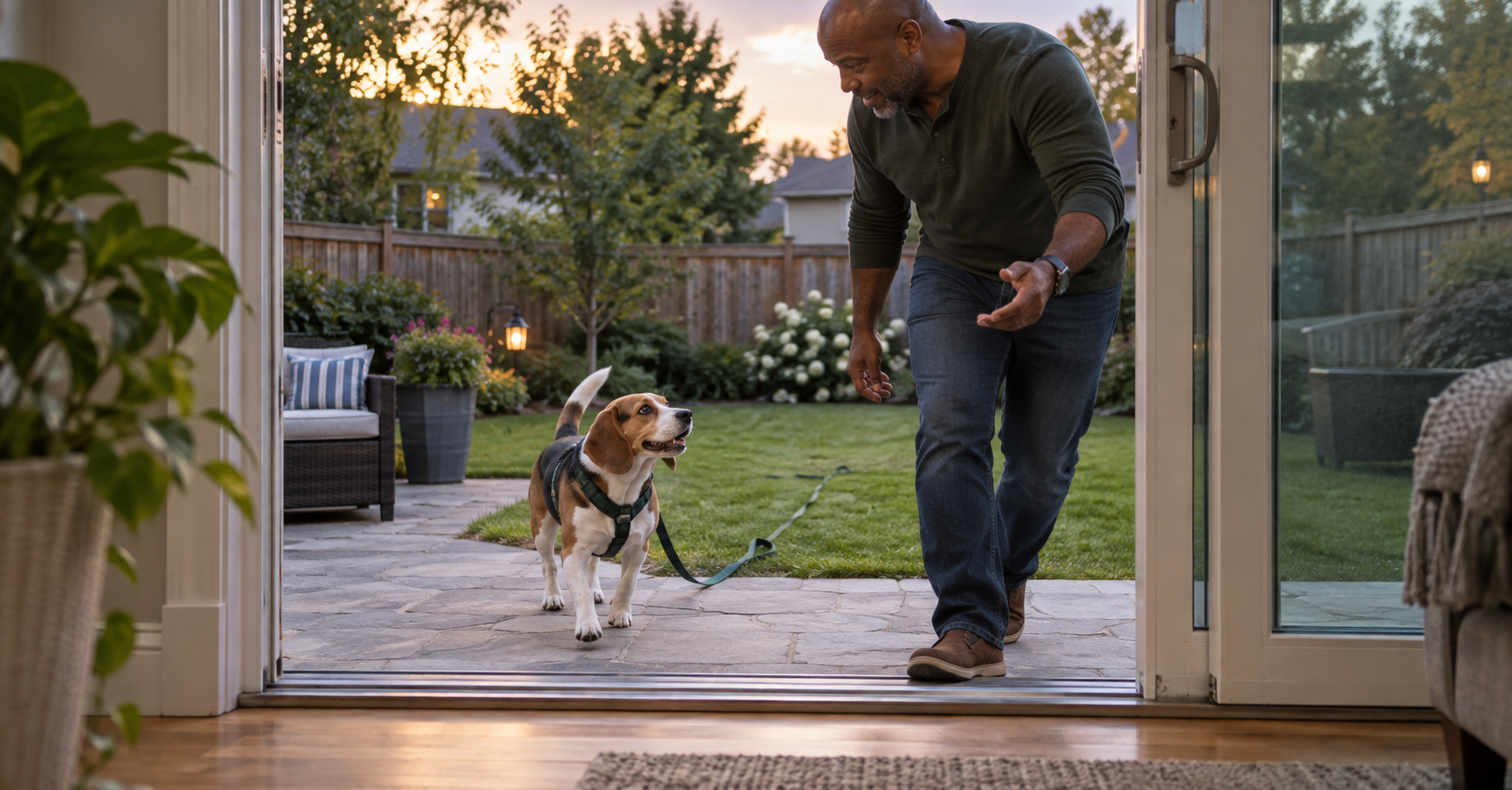 Man stepping backward through a patio door as a beagle turns toward him on a slack long line