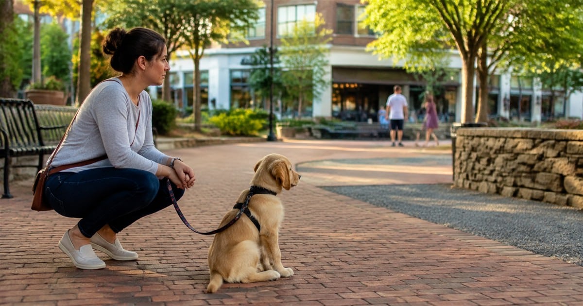 Puppy calmly observing people in an outdoor plaza beside its owner