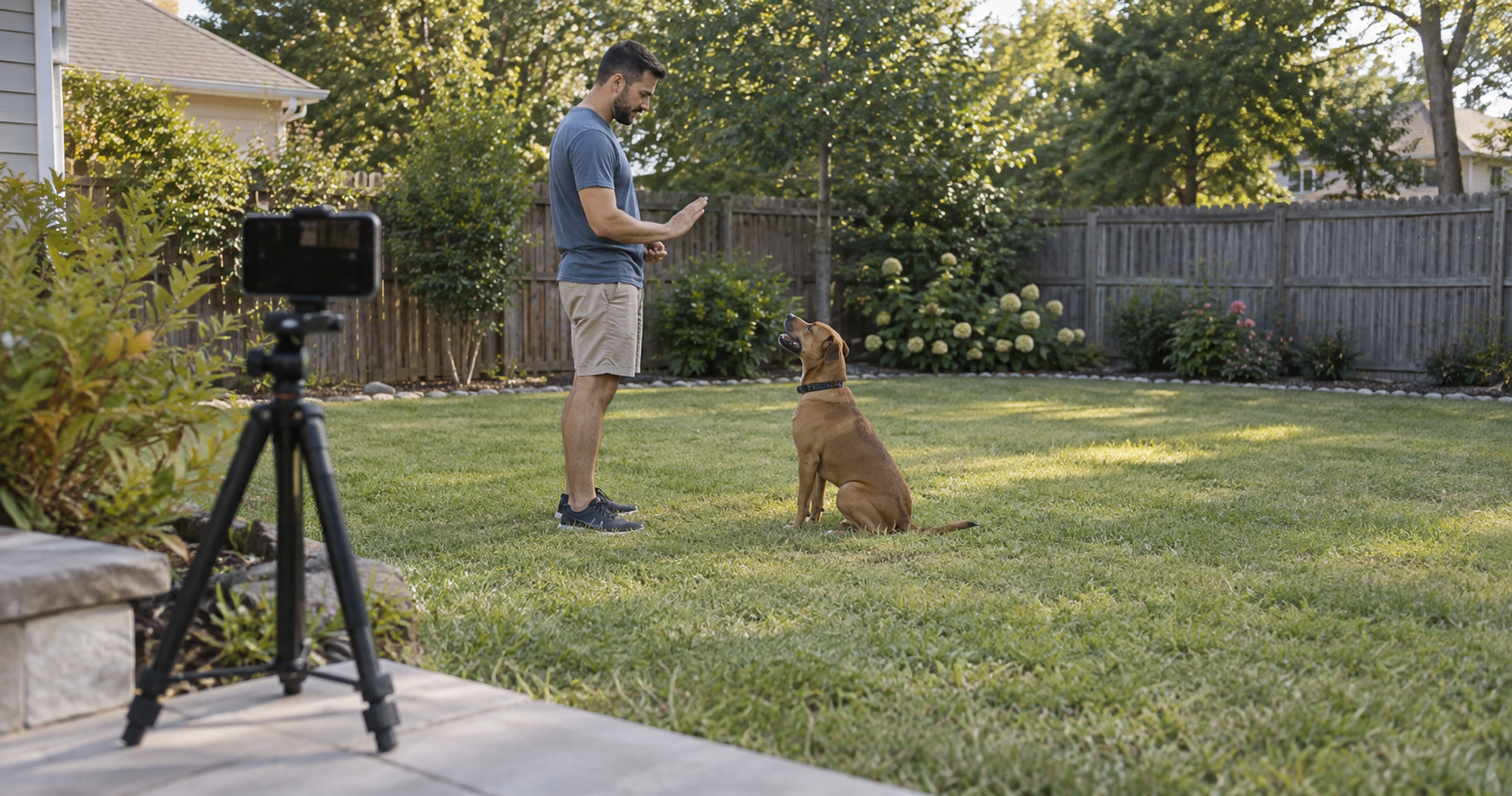 Phone on a tripod positioned to record a handler and seated dog during practice in a fenced backyard