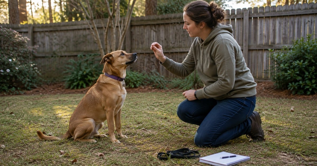 Owner and dog practicing a simple cue in a quiet backyard with a notebook nearby