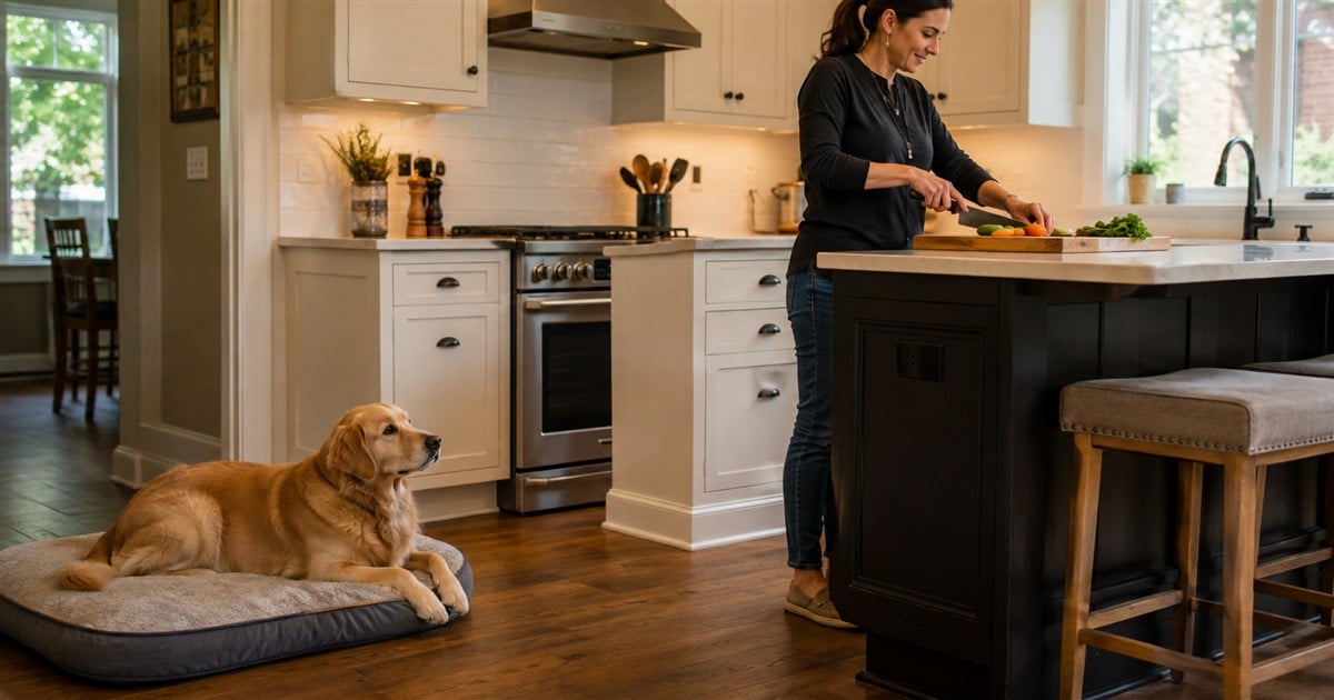 Dog resting on a bed away from the kitchen counter while its owner prepares food