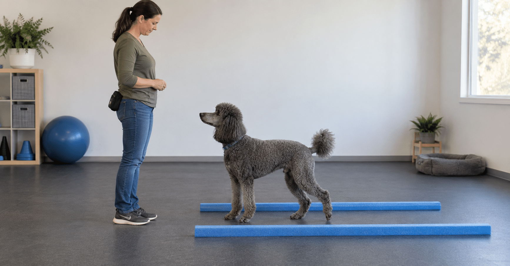 Woman standing neutrally as a standard poodle takes one backward step between low foam rails