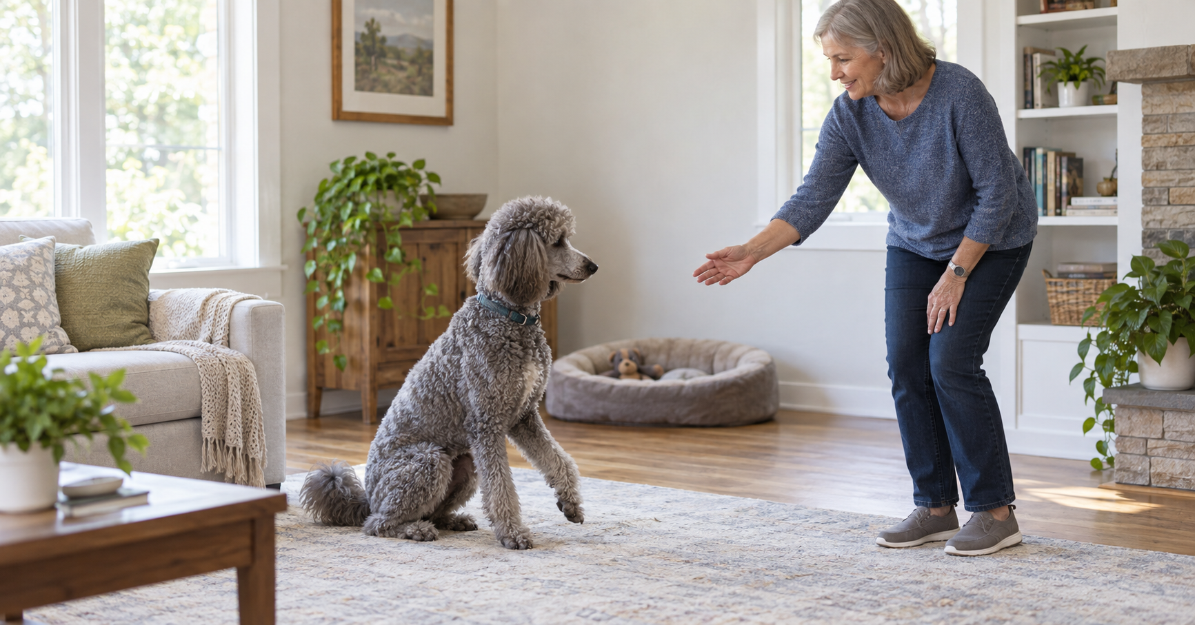 Older woman giving an open-hand release signal as a standard poodle begins to move from a sit